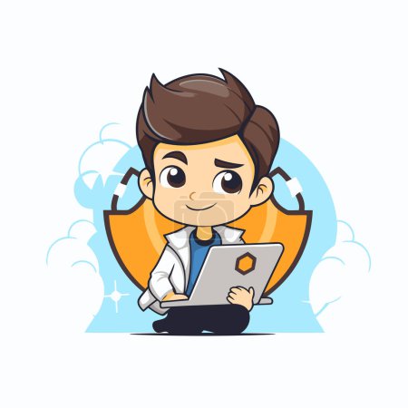 Illustration for Cartoon doctor using laptop. Vector illustration. Cute character. - Royalty Free Image