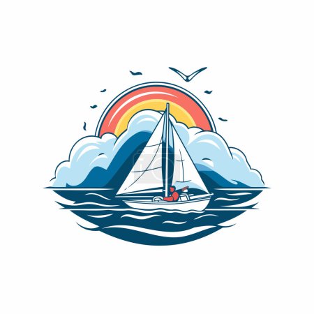 Téléchargez les illustrations : Bateau naviguant sur la mer. Illustration vectorielle d'un voilier dans l'océan. - en licence libre de droit