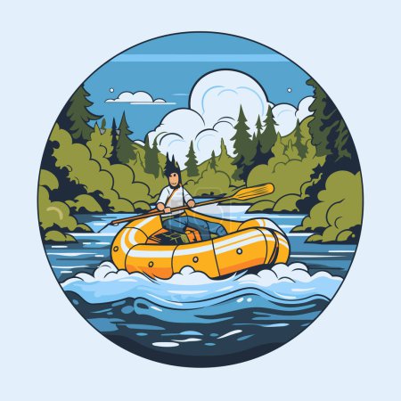 Téléchargez les illustrations : Un homme en kayak sur la rivière. Illustration vectorielle dans le style dessin animé. - en licence libre de droit