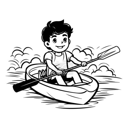 Illustration for Cute boy rowing in a canoe - black and white vector illustration - Royalty Free Image