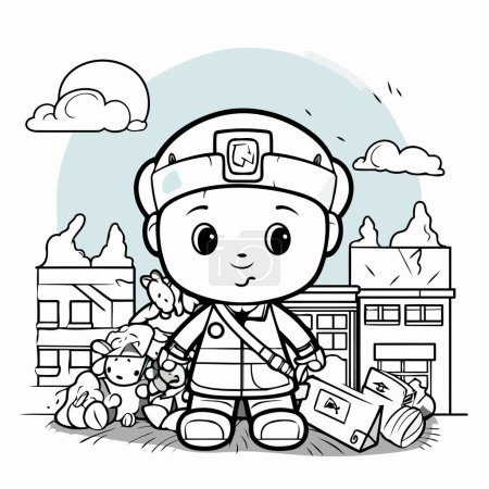 Ilustración de Ilustración de dibujos animados de bombero lindo niño o bombero - Imagen libre de derechos