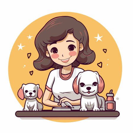 Illustration for Cute girl brushing her dogs. Vector illustration in cartoon style. - Royalty Free Image