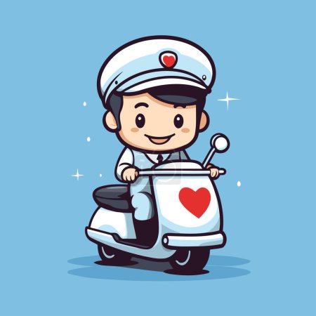 Téléchargez les illustrations : Mignon garçon scooter de conduite avec coeur. Illustration vectorielle. Cartoon style. - en licence libre de droit