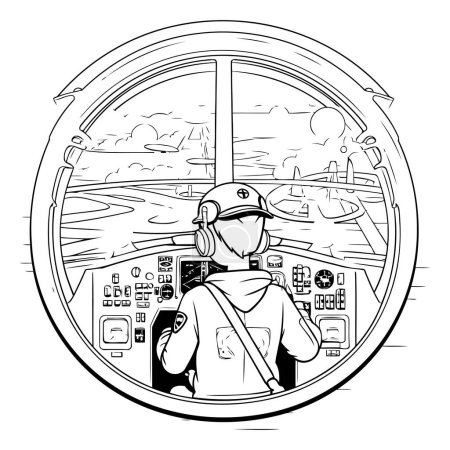 Illustration for Pilot in the cockpit of a ship. Vector illustration on isolated background. - Royalty Free Image