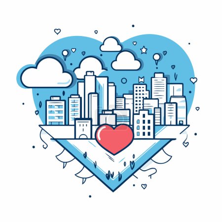 Illustration for City building and heart shape in flat linear style. Vector illustration. - Royalty Free Image