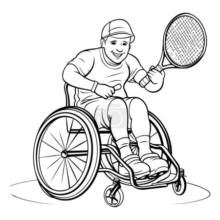 Téléchargez les illustrations : Joueur de tennis en fauteuil roulant. Illustration de bande dessinée en noir et blanc. - en licence libre de droit