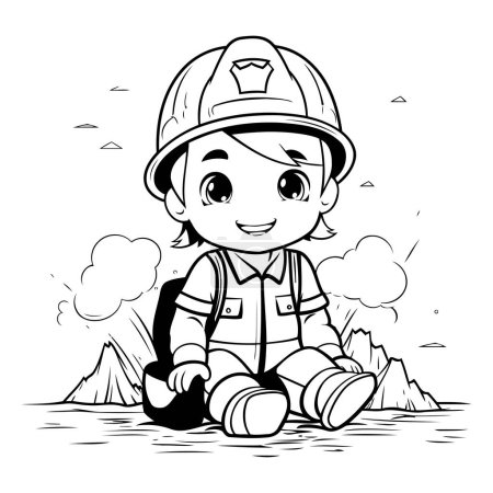 Ilustración de Ilustración de dibujos animados en blanco y negro del pequeño bombero o personaje de bombero para colorear libro - Imagen libre de derechos