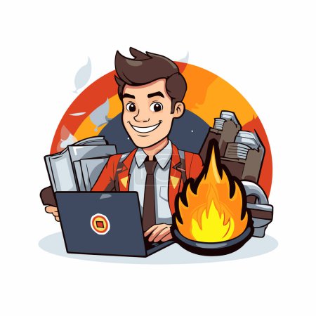 Ilustración de Un hombre de negocios con una laptop en llamas. Ilustración vectorial aislada sobre fondo blanco. - Imagen libre de derechos
