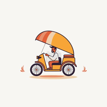 Vector illustration of a man riding a tuk tuk with umbrella