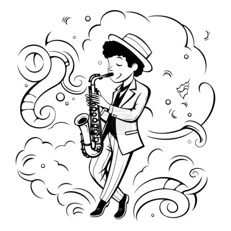 Téléchargez les illustrations : Musicien de jazz jouant du saxophone dans les nuages. Illustration vectorielle. - en licence libre de droit