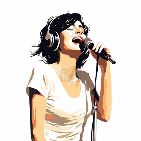 Vector illustration of a girl singing into a microphone on a white background