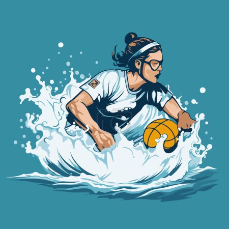 Illustration for Water polo player with ball on the wave. Vector illustration. - Royalty Free Image
