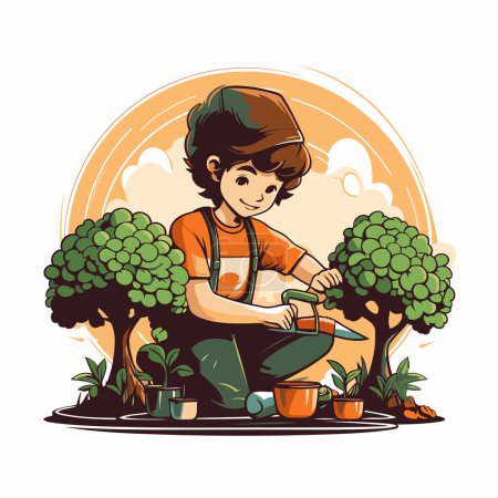 Illustration for Boy working in the garden. Gardening and planting. Vector illustration - Royalty Free Image