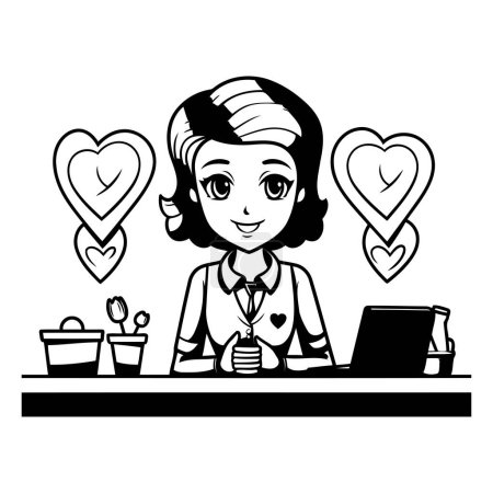 Téléchargez les illustrations : Femme d'affaires au bureau avec ordinateur portable et icônes du cœur illustration vectorielle conception graphique - en licence libre de droit