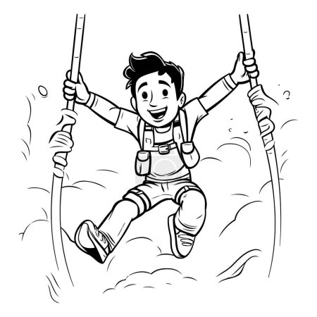 Illustration for Boy climbing on a rope. Black and white vector illustration for coloring book. - Royalty Free Image