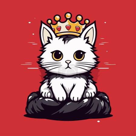 Ilustración de Lindo gato en una corona. Ilustración vectorial sobre fondo rojo. - Imagen libre de derechos