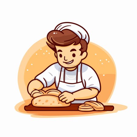 Téléchargez les illustrations : Baker boy pétrissant du pain. Illustration vectorielle dans le style dessin animé - en licence libre de droit