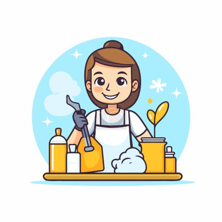 Illustration for Cleaning service concept. Housewife cleaning the house. Vector illustration - Royalty Free Image