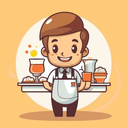 Téléchargez les illustrations : Serveur de café avec nourriture. Illustration vectorielle de personnage de dessin animé mignon. - en licence libre de droit