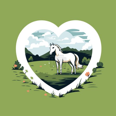 Téléchargez les illustrations : Illustration vectorielle d'un cheval blanc dans un cadre en forme de cœur. - en licence libre de droit