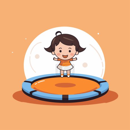 Téléchargez les illustrations : Jolie petite fille sautant sur un trampoline. Illustration vectorielle - en licence libre de droit