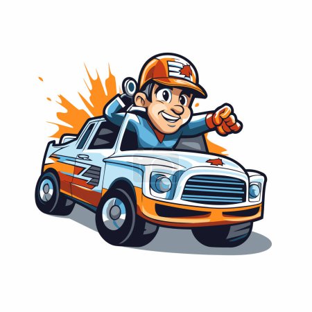 Téléchargez les illustrations : Pompier conduisant un camion. Illustration vectorielle isolée sur fond blanc. - en licence libre de droit