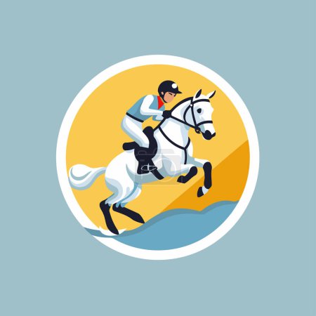 Téléchargez les illustrations : Jockey à cheval sautant icône ronde. Illustration vectorielle de style plat. - en licence libre de droit