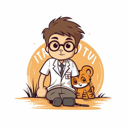 Illustration for Vector illustration of a cartoon boy in glasses and with a cat. - Royalty Free Image