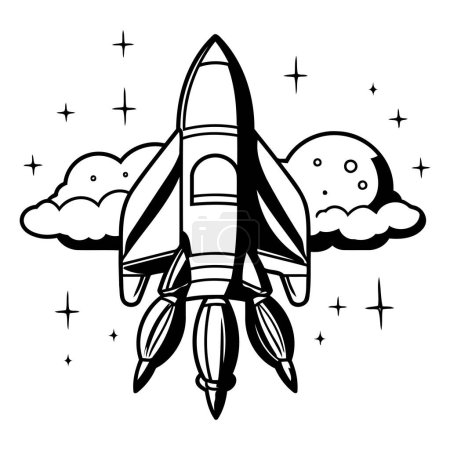 Illustration for Space rocket with clouds and stars icon cartoon vector illustration graphic design in black and white - Royalty Free Image