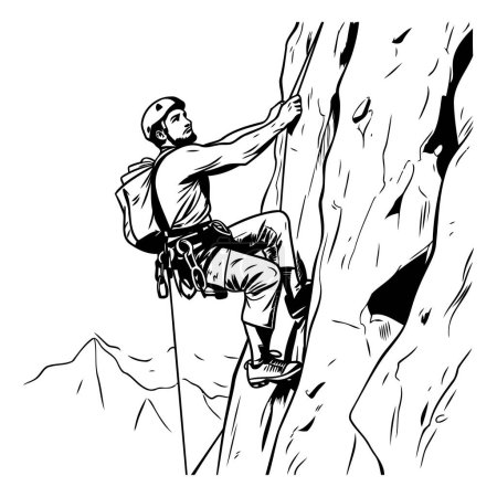Illustration for Man climbing on a cliff. Black and white hand drawn vector illustration. - Royalty Free Image