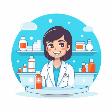 Illustration for Smiling female doctor in white coat standing in bathtub. Vector illustration. - Royalty Free Image