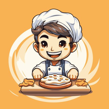Illustration for Vector illustration of a boy in chef uniform with pizza on the table - Royalty Free Image