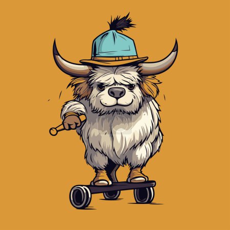 Illustration for Vector image of a bull on a skateboard in a hat. - Royalty Free Image