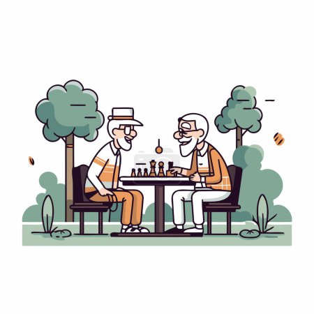 Los viejos juegan al ajedrez en el parque. Ilustración vectorial en estilo de dibujos animados.