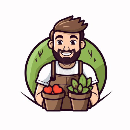 Illustration for Farmer with pots of vegetables. Vector illustration in cartoon style. - Royalty Free Image