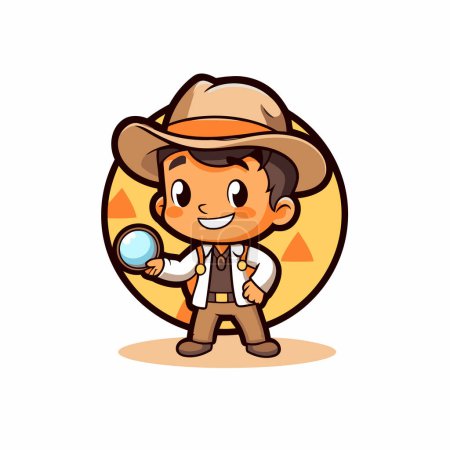 Téléchargez les illustrations : Verre grossissant Holding Cowboy - Illustration de personnage de mascotte - en licence libre de droit