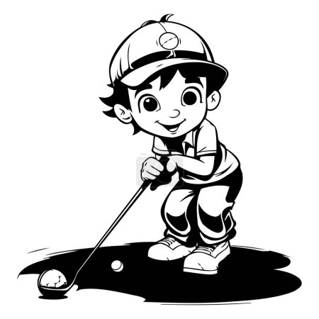 Illustration for Little boy playing golf - Black and White Cartoon Illustration. Vector - Royalty Free Image