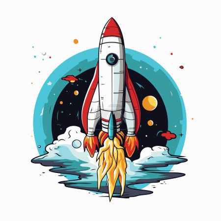 Illustration for Cartoon rocket flying in space. Vector illustration on white background. - Royalty Free Image