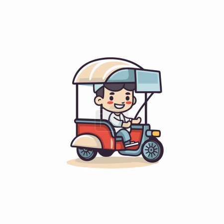 Cute cartoon man riding a tuk tuk vector illustration.