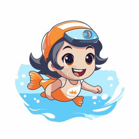 Illustration for Cute little girl in a diving suit and helmet swimming in the sea. Vector illustration. - Royalty Free Image