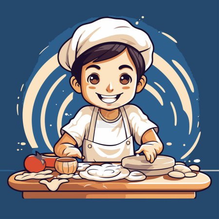 Téléchargez les illustrations : Mignon petit garçon en chapeau de chef pétrissant la pâte. Illustration vectorielle. - en licence libre de droit