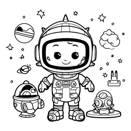 Illustration for Cute cartoon astronaut on space background. Vector illustration for coloring book. - Royalty Free Image