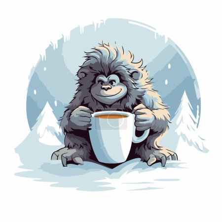 Illustration for Gorilla with a cup of coffee in the winter forest. - Royalty Free Image