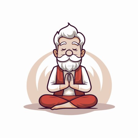 Téléchargez les illustrations : Illustration vectorielle d'un vieil homme dessin animé assis en position lotus. - en licence libre de droit