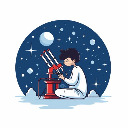 Ilustración de Científico mirando a través de un telescopio. Ilustración vectorial en estilo plano. - Imagen libre de derechos