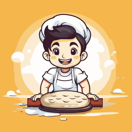 Téléchargez les illustrations : Cartoon boy cuisson de pizza. Illustration vectorielle d'un garçon de dessin animé faisant cuire une pizza. - en licence libre de droit