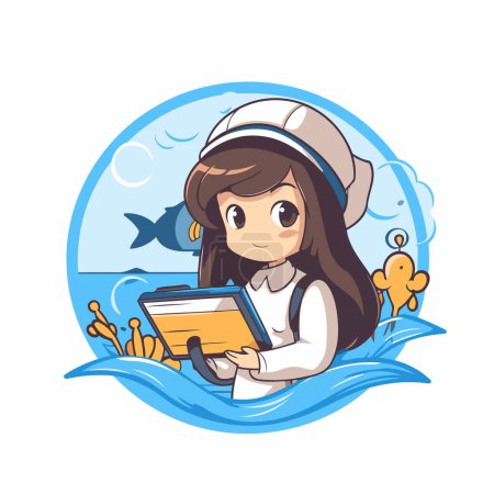 Illustration for Cute little girl with a tablet in the sea. Vector illustration. - Royalty Free Image