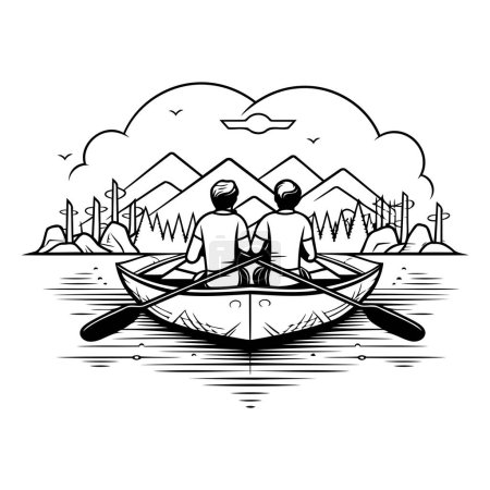Téléchargez les illustrations : Couple en canot sur le lac. Illustration vectorielle noir et blanc. - en licence libre de droit