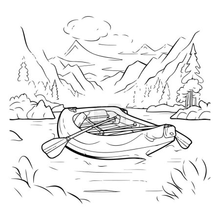 Illustration for Hand drawn sketch of a canoe on the river. Vector illustration. - Royalty Free Image