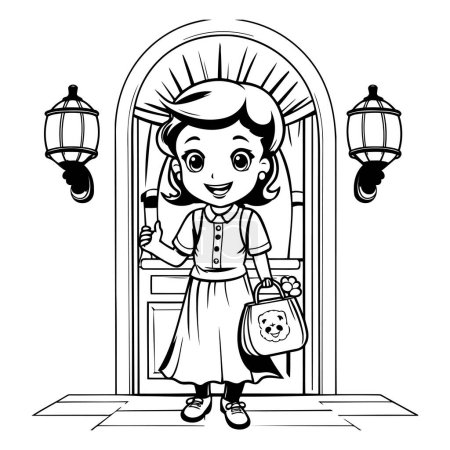 Téléchargez les illustrations : Mignon dessin animé fille avec sac et lanternes dans la porte. - en licence libre de droit